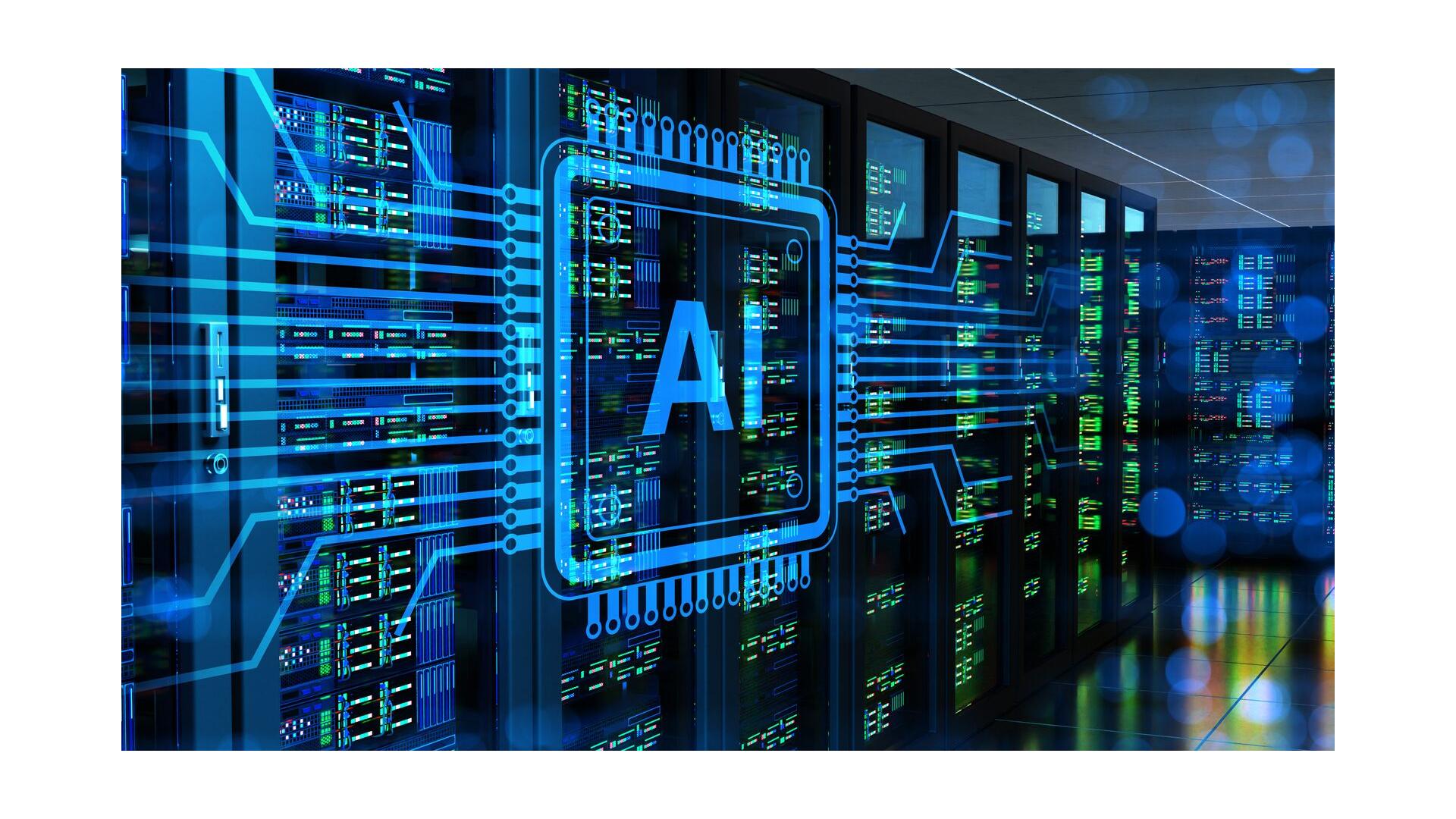 Blue-lit data center with server racks and an AI processor graphic