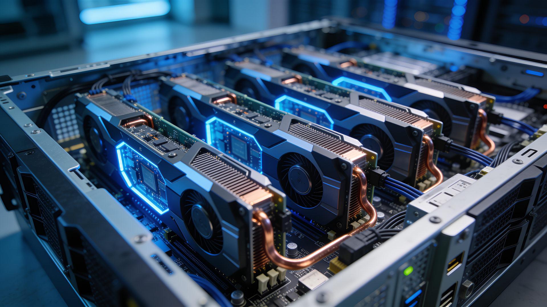 Server tray with four GPU accelerator cards installed in a data-center rack.