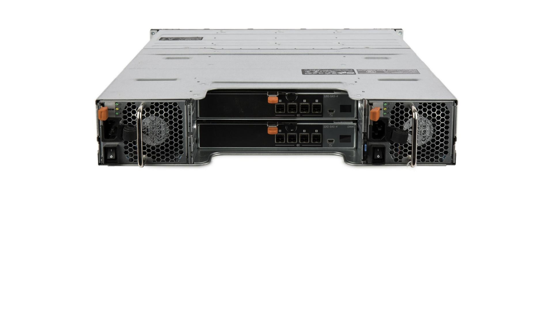 Rear of a Dell PowerVault MD1400 disk shelf showing its two enclosure management modules and SAS ports.